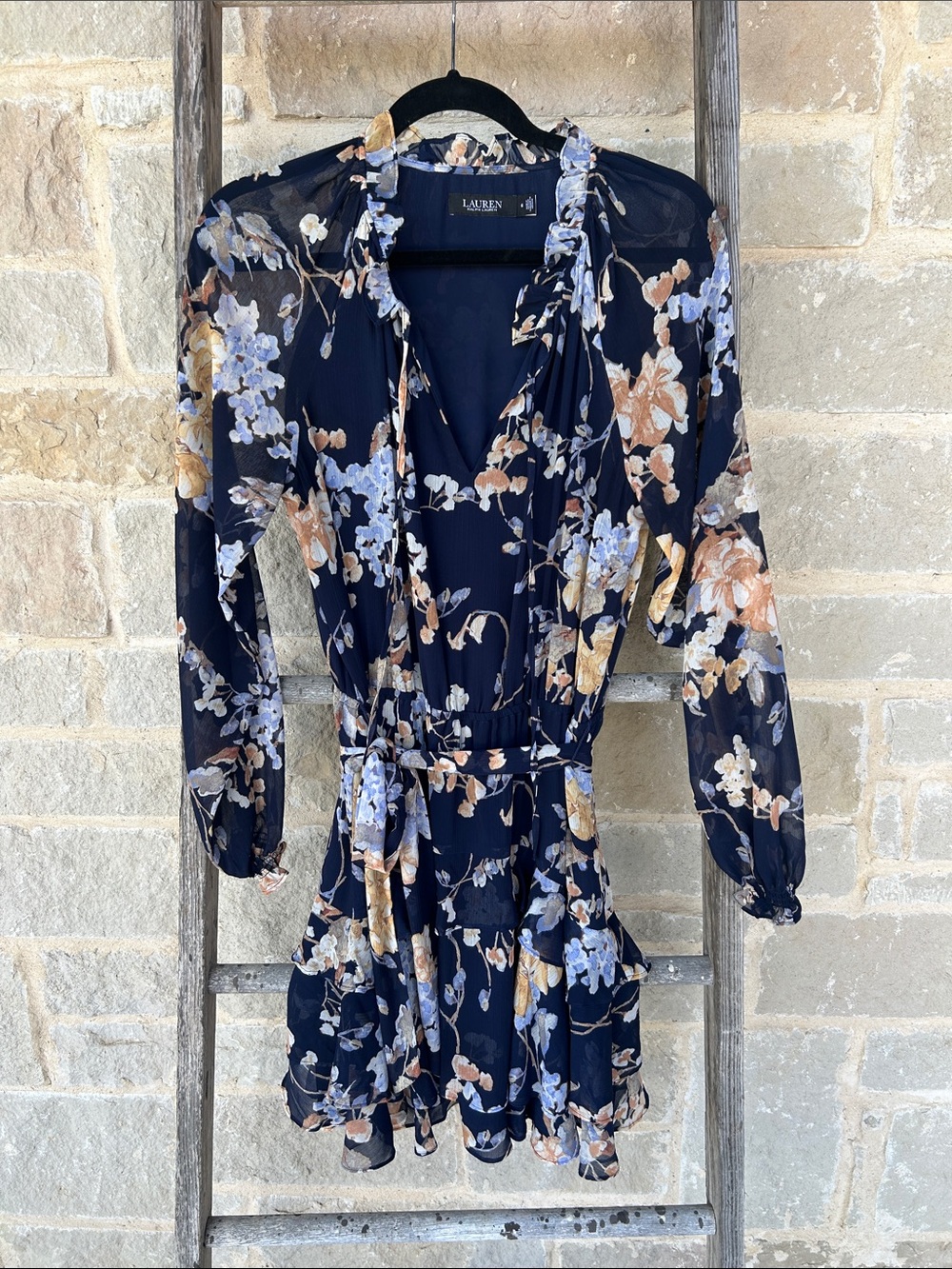 Lauren Ralph Lauren Navy Floral Ruffle Tie-Front Mini Dress